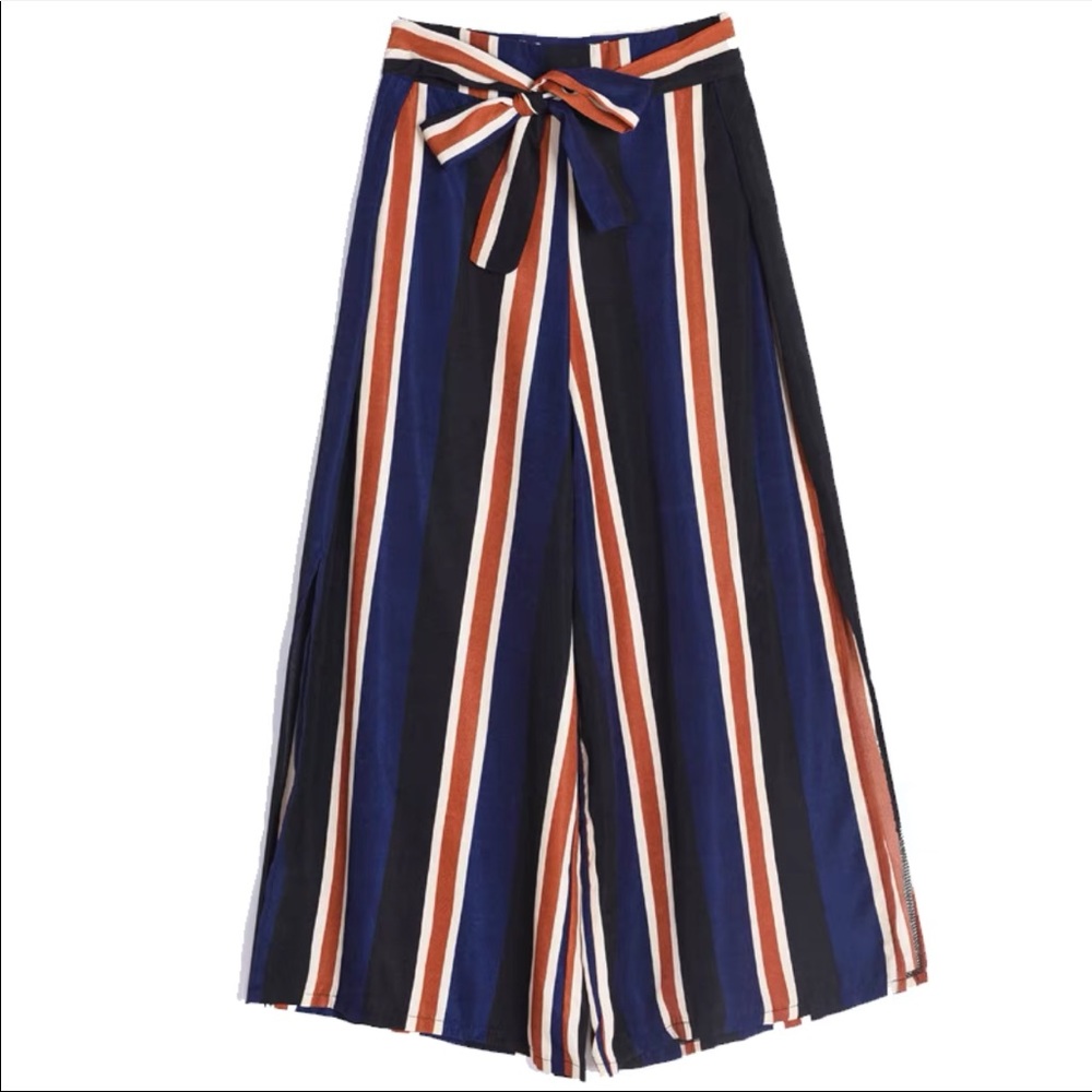 Stripped wide leg pants with belt - Picture 8 of 16